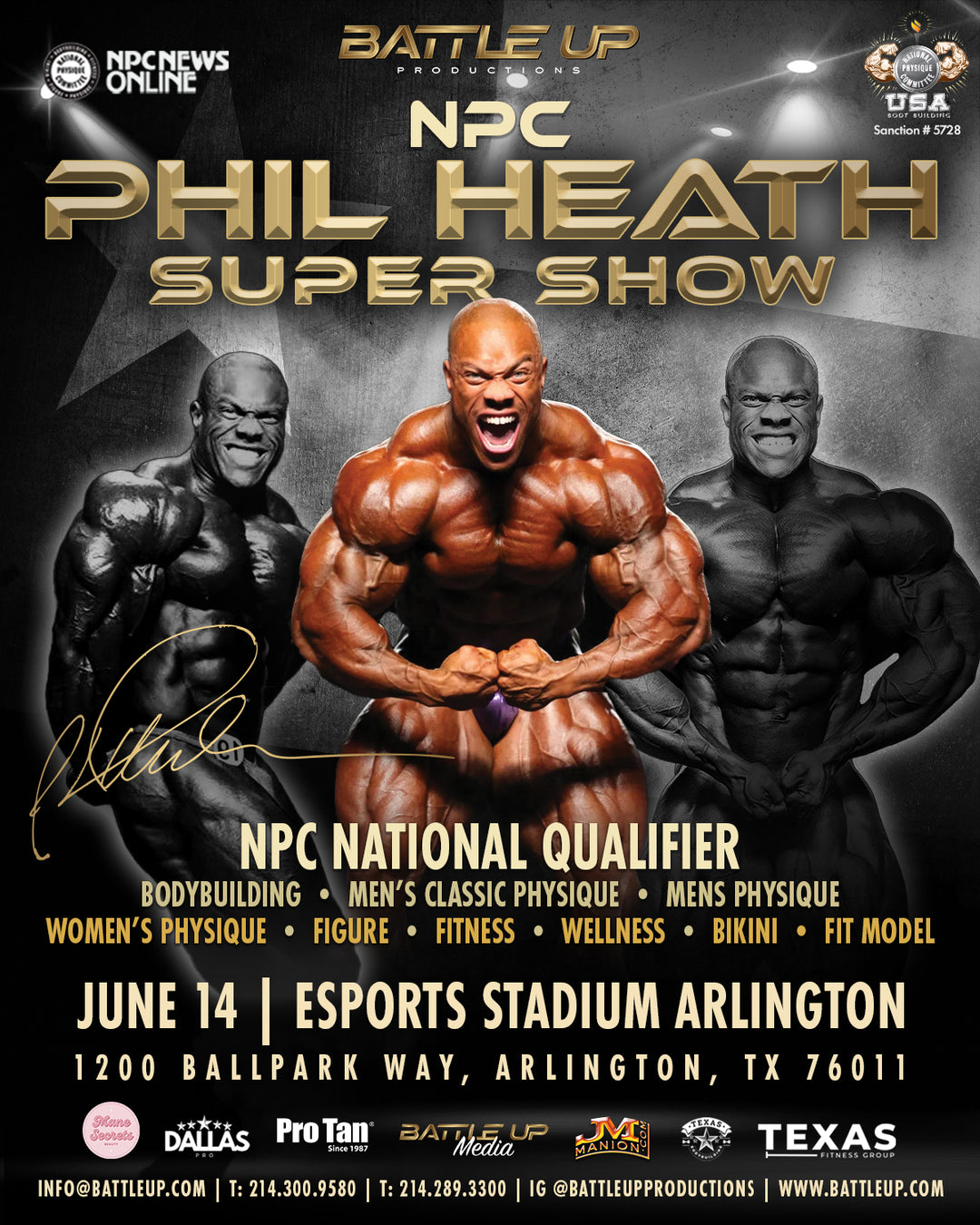 NPC Phil Heath Supershow poster featuring a muscular man flexing, highlighting bodybuilding. Includes details on Pro Tan® tanning packages and services in Dallas, Texas.