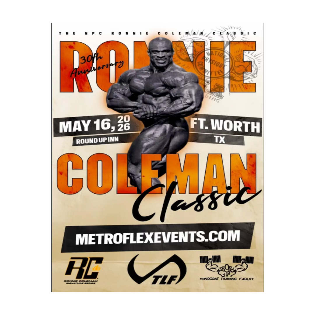 Promotional poster for the NPC Ronnie Coleman Classic bodybuilding competition, featuring a muscled athlete, event details, sponsor logos, and tanning package information.