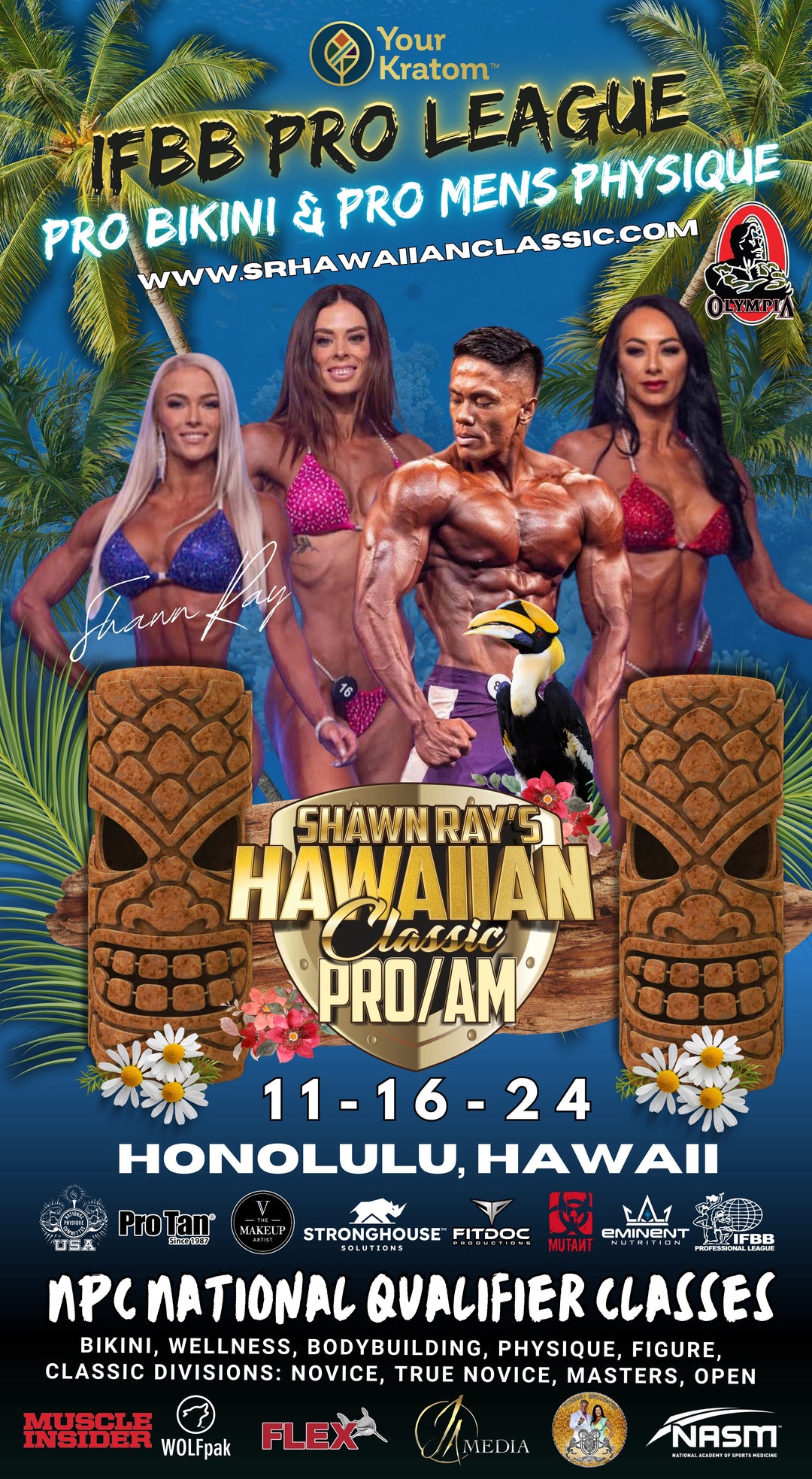 Group of people at IFBB/NPC Shawn Ray Hawaiian Classic event, featuring Pro Tan® services, with a poster and decorative elements in the background.