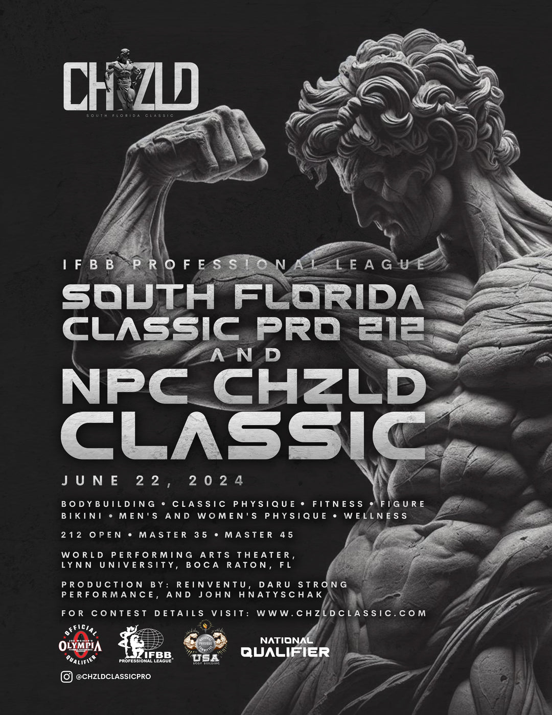 Poster for IFBB Pro League & NPC South Florida Classic, featuring a muscular man flexing, related to competition details and tanning packages.