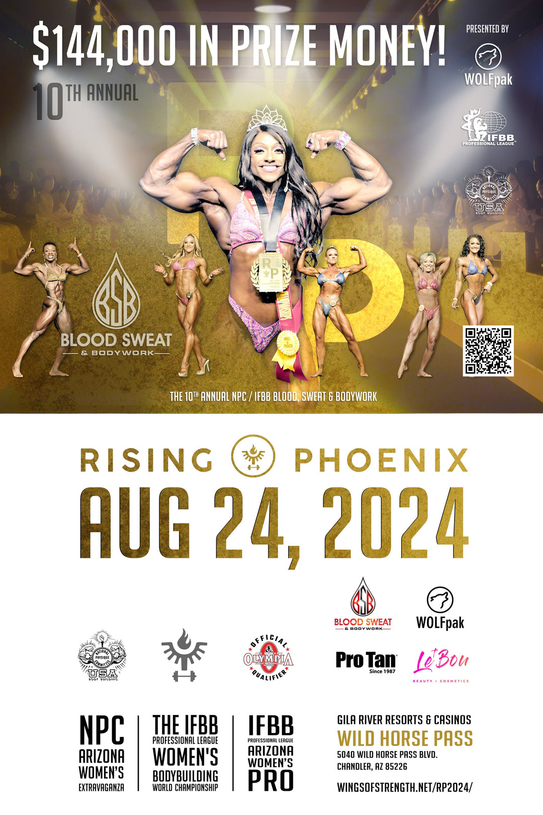 Woman showcasing IFBB Pro League & NPC Rising Phoenix event, wearing a garment with a medal, highlighting Pro Tan® tanning services for the competition.