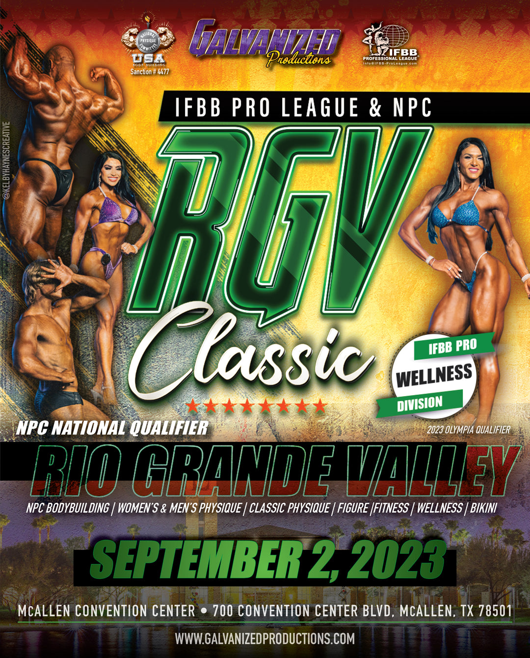 Poster for the IFBB Pro League/NPC RGV Classic featuring group poses, emphasizing bodybuilding. Includes tanning package details and walk-up appointment information.