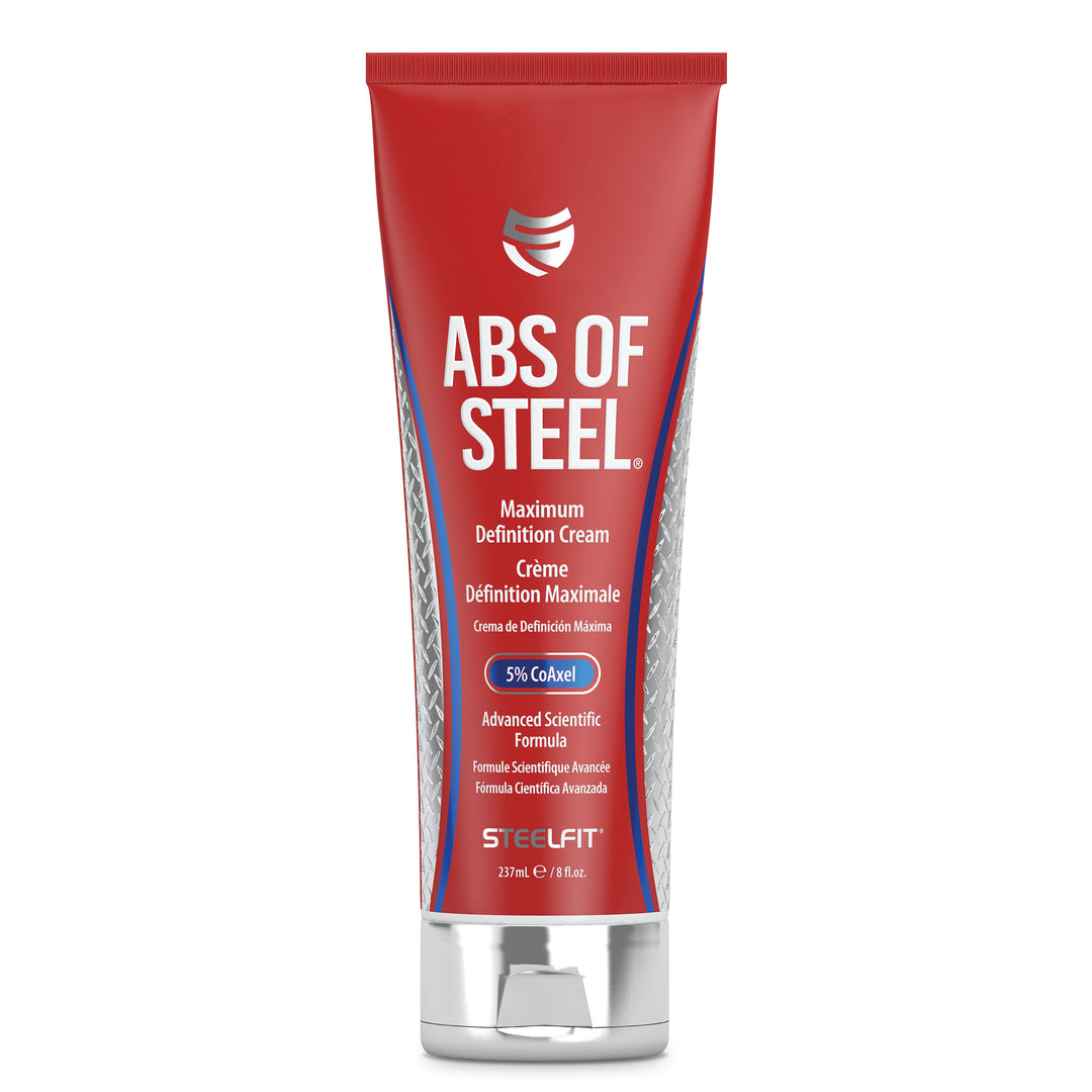 Abs of Steel® cream in a red tube, featuring clinically researched ingredients for heat-activated thermogenic effects, designed to enhance the appearance of a firm core.