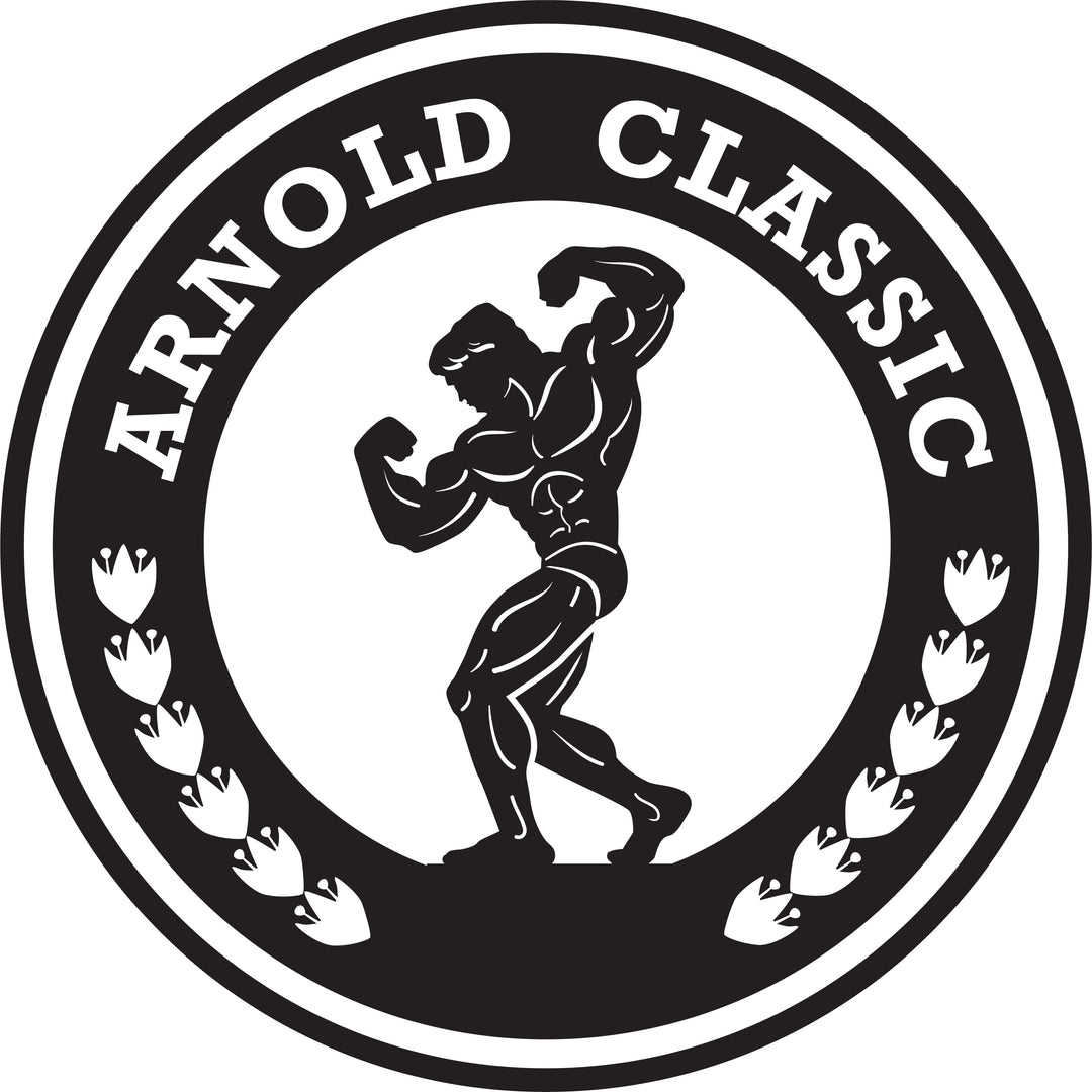 Arnold Classic Hair & Make-Up logo featuring a black and white illustration of a bodybuilder flexing muscles, symbolizing strength and preparation for the contest.