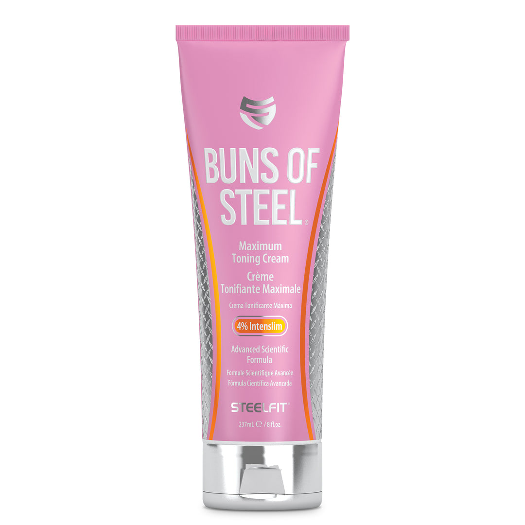 Buns of Steel® toning cream in a pink tube, featuring clinically researched ingredients for a heat-activated formula to support a tight, toned appearance.