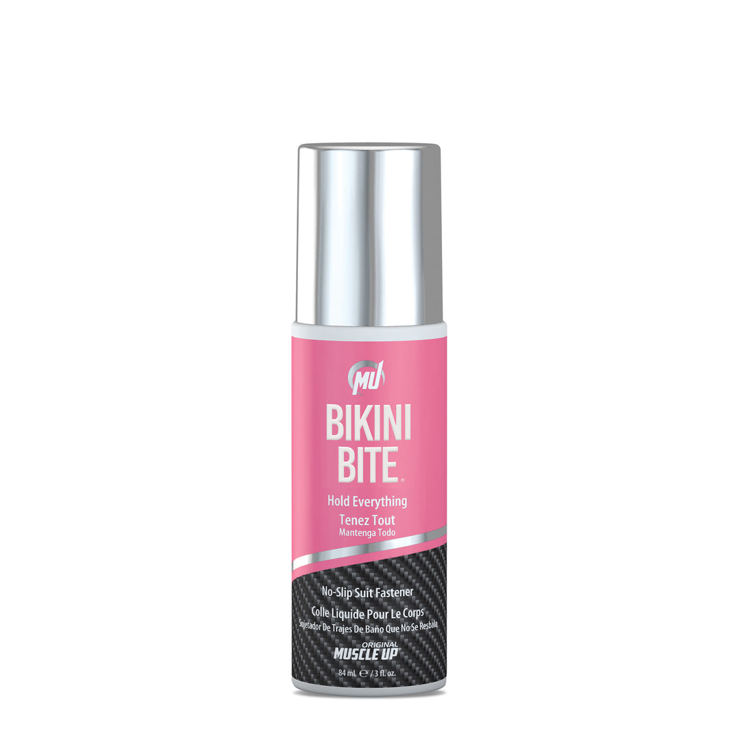 Bikini Bite® Roll-On, a skin-friendly, easy-to-remove fabric fastener in a compact bottle, designed to prevent bikini slips and ensure comfort.