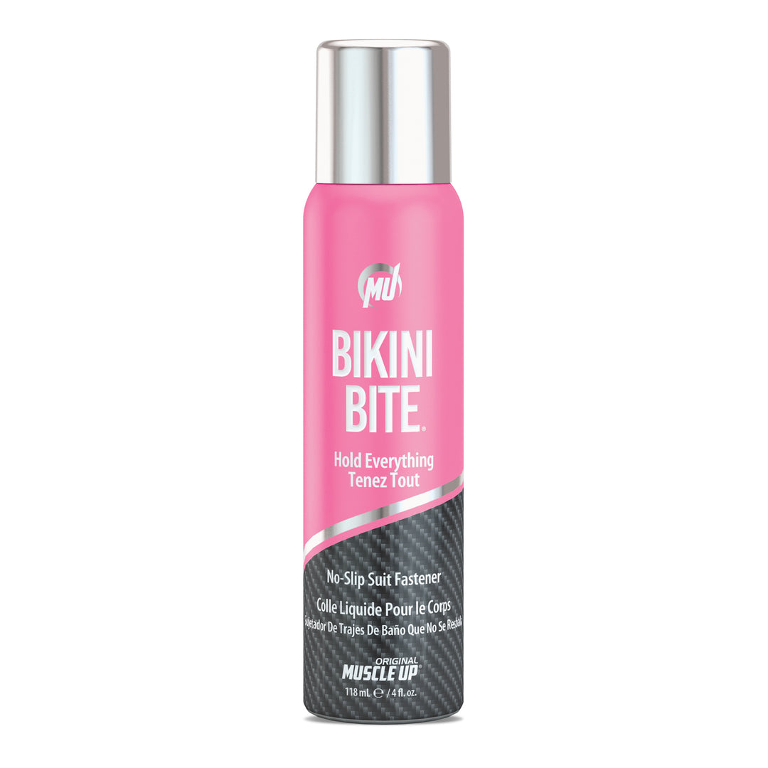 Bikini Bite® Spray in an aerosol can, designed as a skin-friendly fabric fastener to prevent swimsuit slippage, easily removable with soap and water.