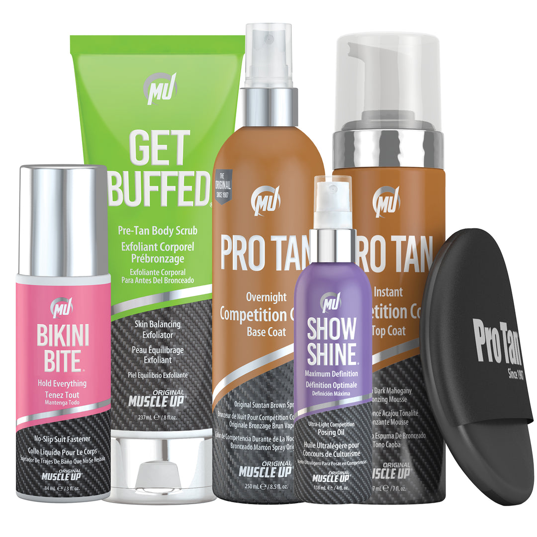 Female Competitor Kit featuring tanning products, including bottles of exfoliator, base coat, top coat mousse, posing oil, and suit fastener for stage-ready skin.