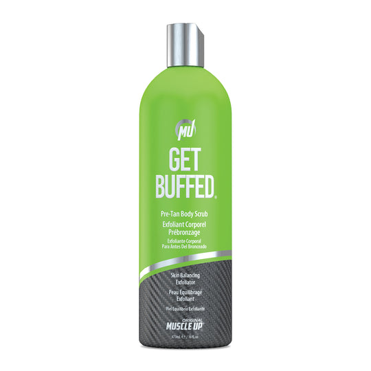 Get Buffed® Pre-Tan Body Scrub in a green container, featuring a natural exfoliator for enhancing sunless tanning results and balancing skin's pH level.