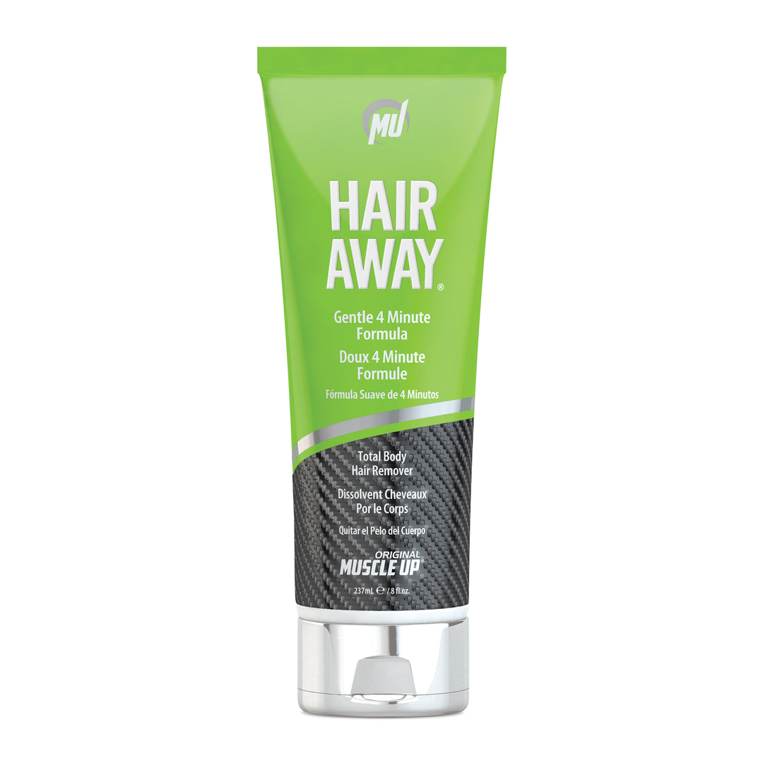 Hair Away® hair remover tube designed for smooth skin, offering a gentle, non-burning formula effective in four minutes for long-lasting results.