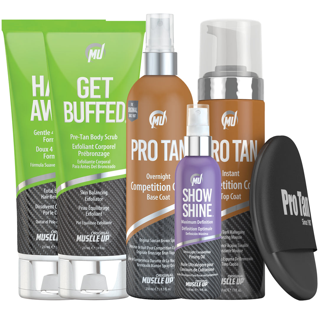 Male Competitor Kit featuring bottles and tubes of tanning and skincare products, including exfoliator, hair removal lotion, competition color coats, and posing oil.