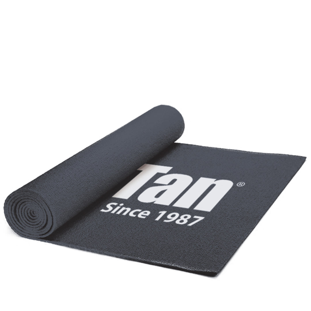 Competitor Mat: Black yoga mat with white text, ideal for exercise or backstage use at fitness events, shown rolled up.