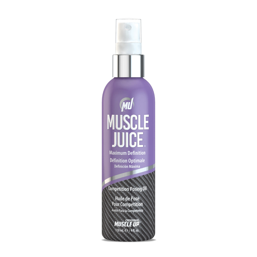 Muscle Juice® posing oil in a sleek purple bottle with white text, designed for optimal muscle definition under bright lights, featuring natural oils for a superior sheen.