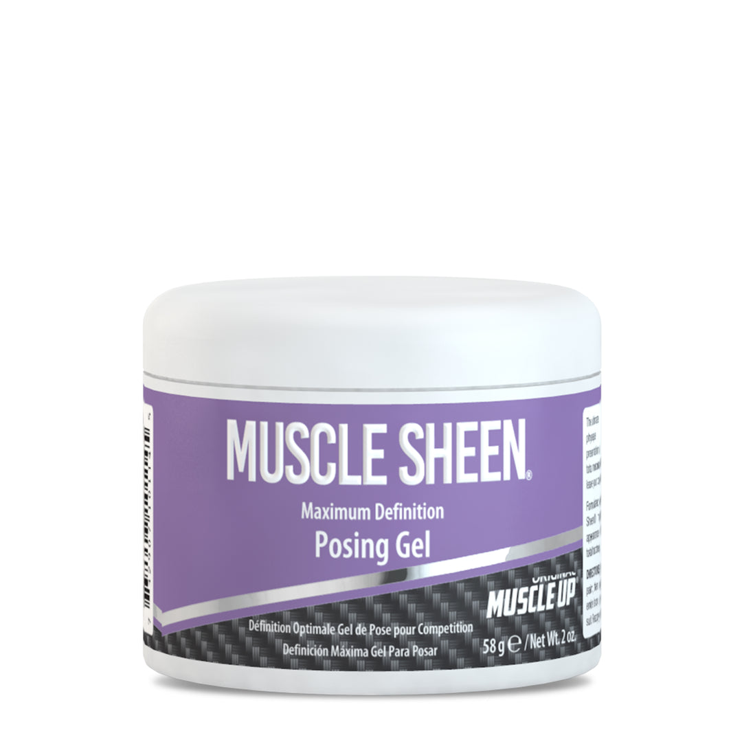 Muscle Sheen posing gel in a white container with a purple label, designed to enhance muscular definition under bright lights.