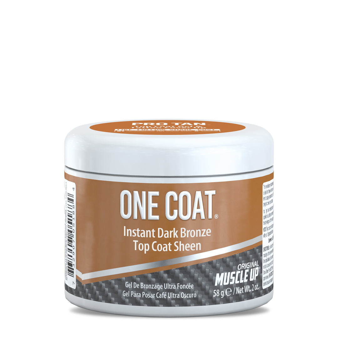 One Coat® Top Coat Sheen container with a label, designed for instant bronzing. Ideal for quick, deep tan application, safe for all skin types.