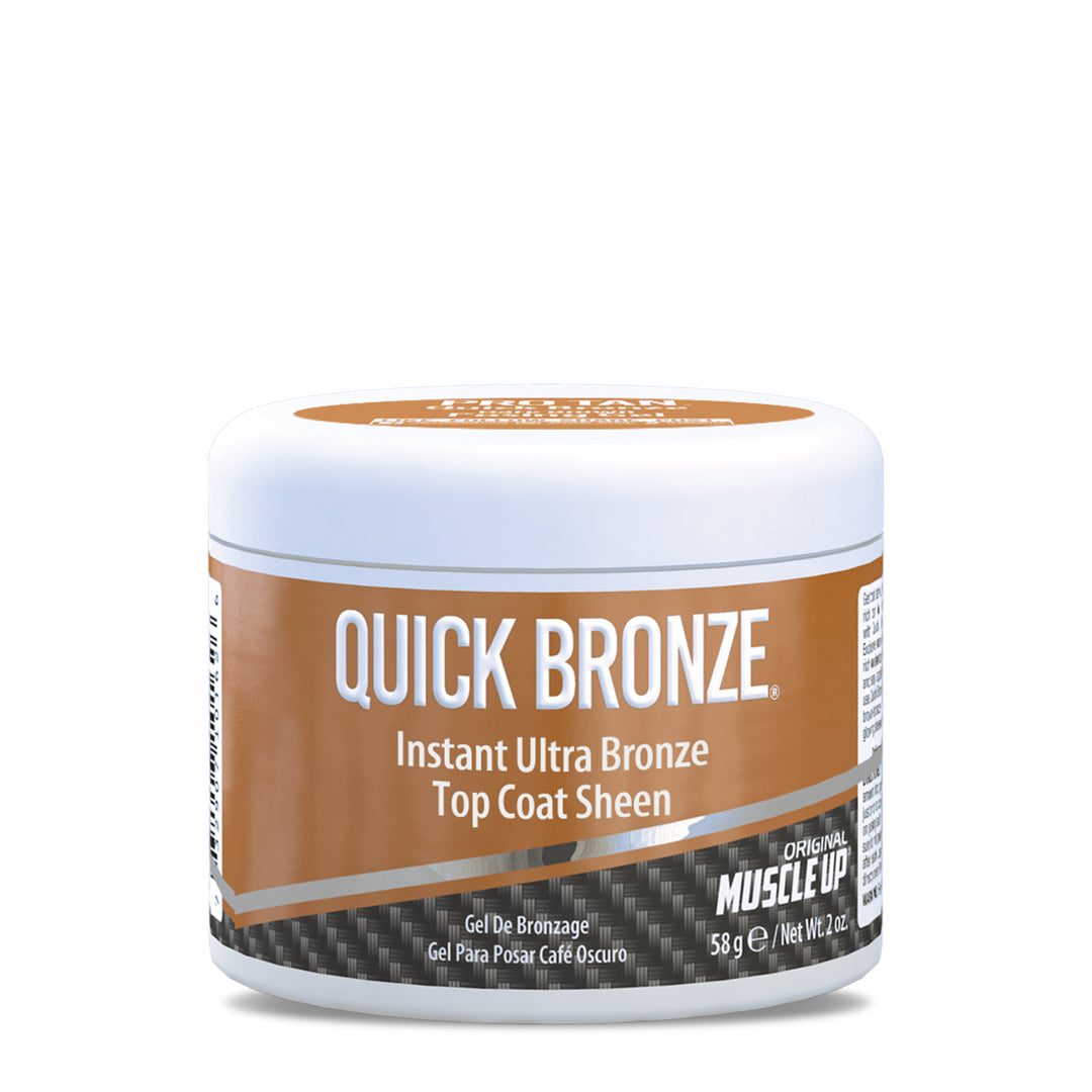 Quick Bronze® skin cream in a white and brown container with a label, designed for a streak-free, water-resistant deep tan suitable for bodybuilding competitions.