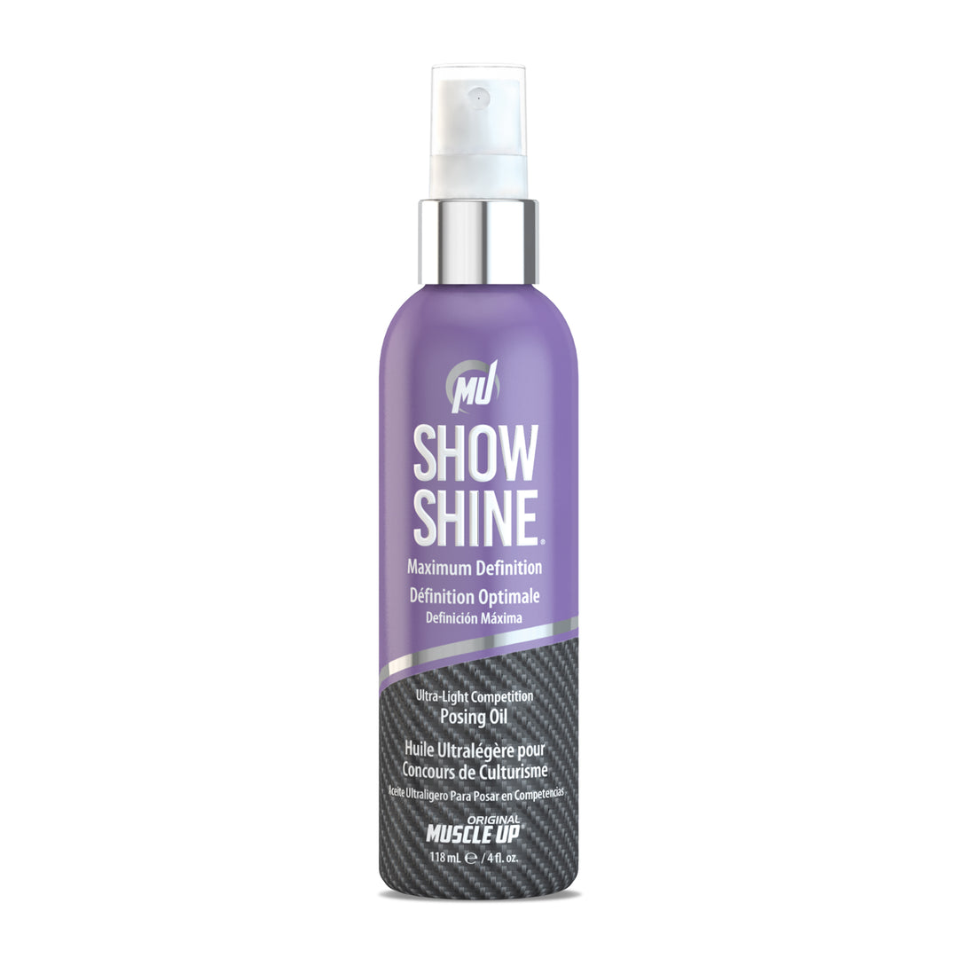 Show Shine® spray bottle designed for bodybuilding, enhances muscle definition under bright lights with skin-conditioning dry oil formula.