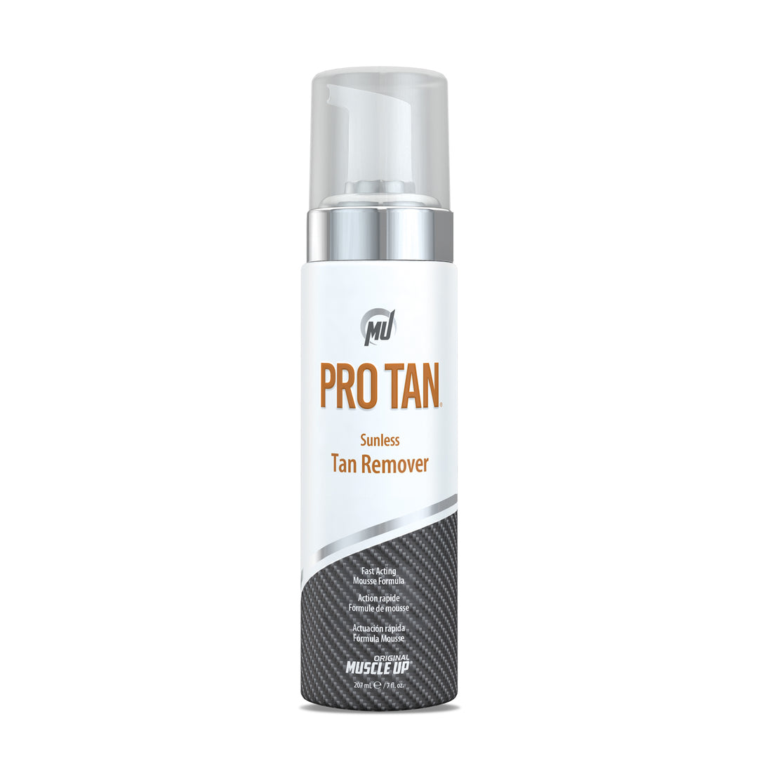 Sunless Tan Remover in a white bottle with a clear plastic lid, featuring orange text and a moisture-rich formula for gentle, effective tan removal.