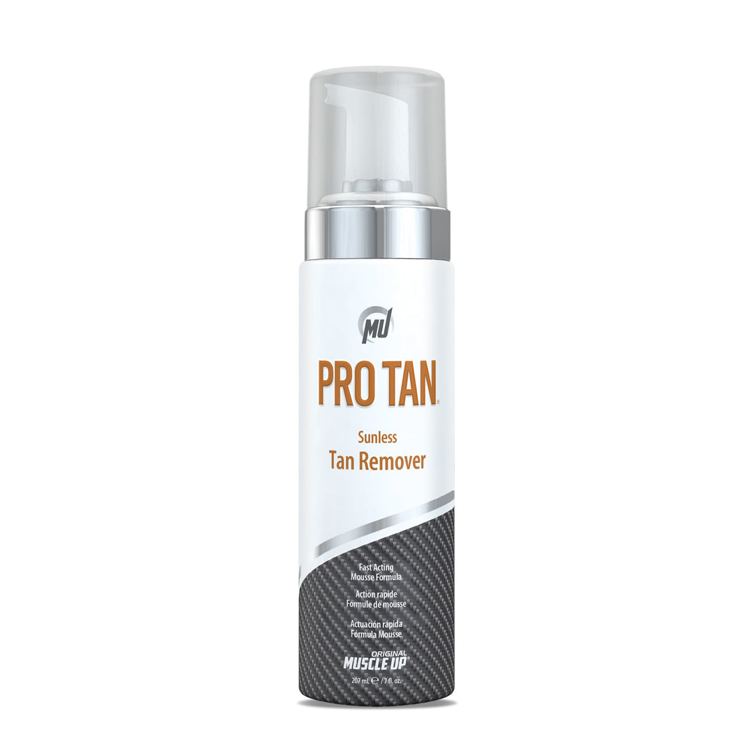 Sunless Tan Remover bottle with clear lid, featuring orange text. This skincare product gently removes self-tan, leaving skin soft and supple.