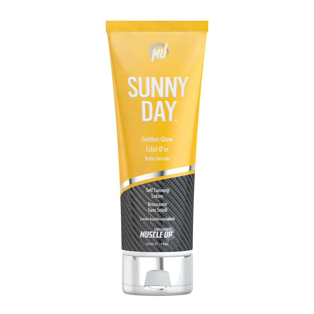 Sunny Day® self-tanning lotion in a yellow tube, featuring a white logo. Enriched with vitamins, it gradually develops a golden tan while moisturizing skin.