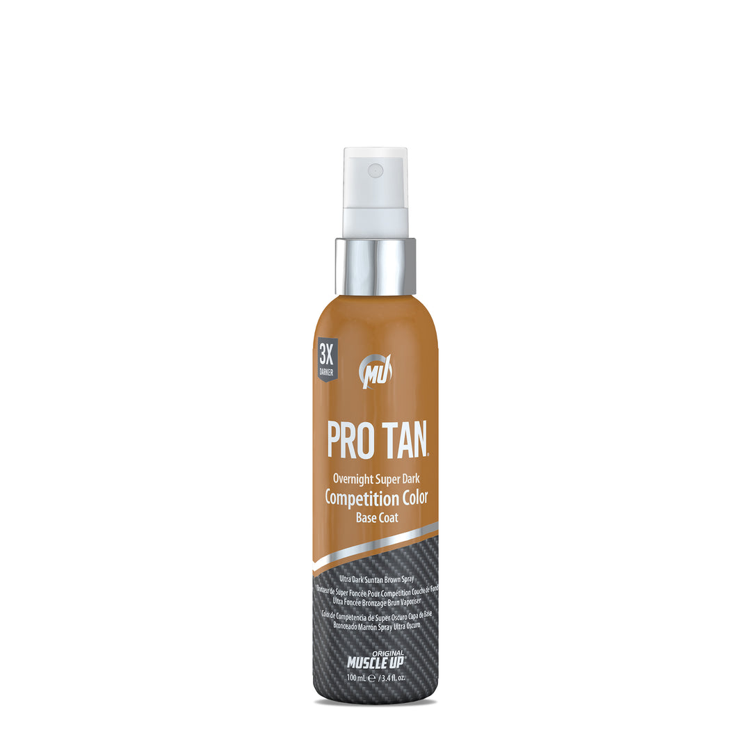 Super Dark Competition Color® tan spray bottle with silver cap, designed for instant bronzing and quick skin absorption, promising a deep, streak-free tan in four hours.