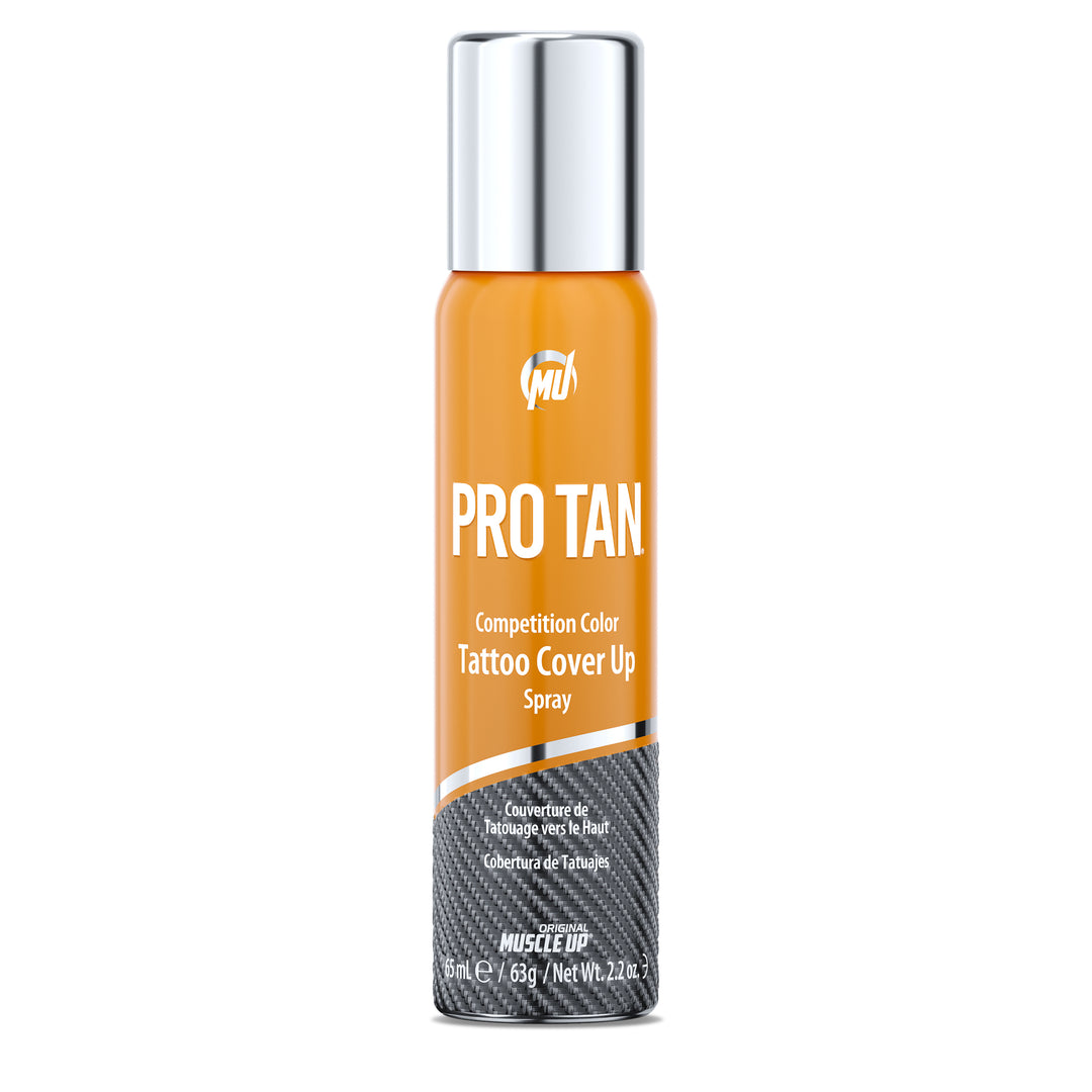 Tattoo Cover-Up Spray can with silver cap, designed for concealing tattoos and scars, enhancing Pro Tan® Competition Color for a flawless finish on stage.