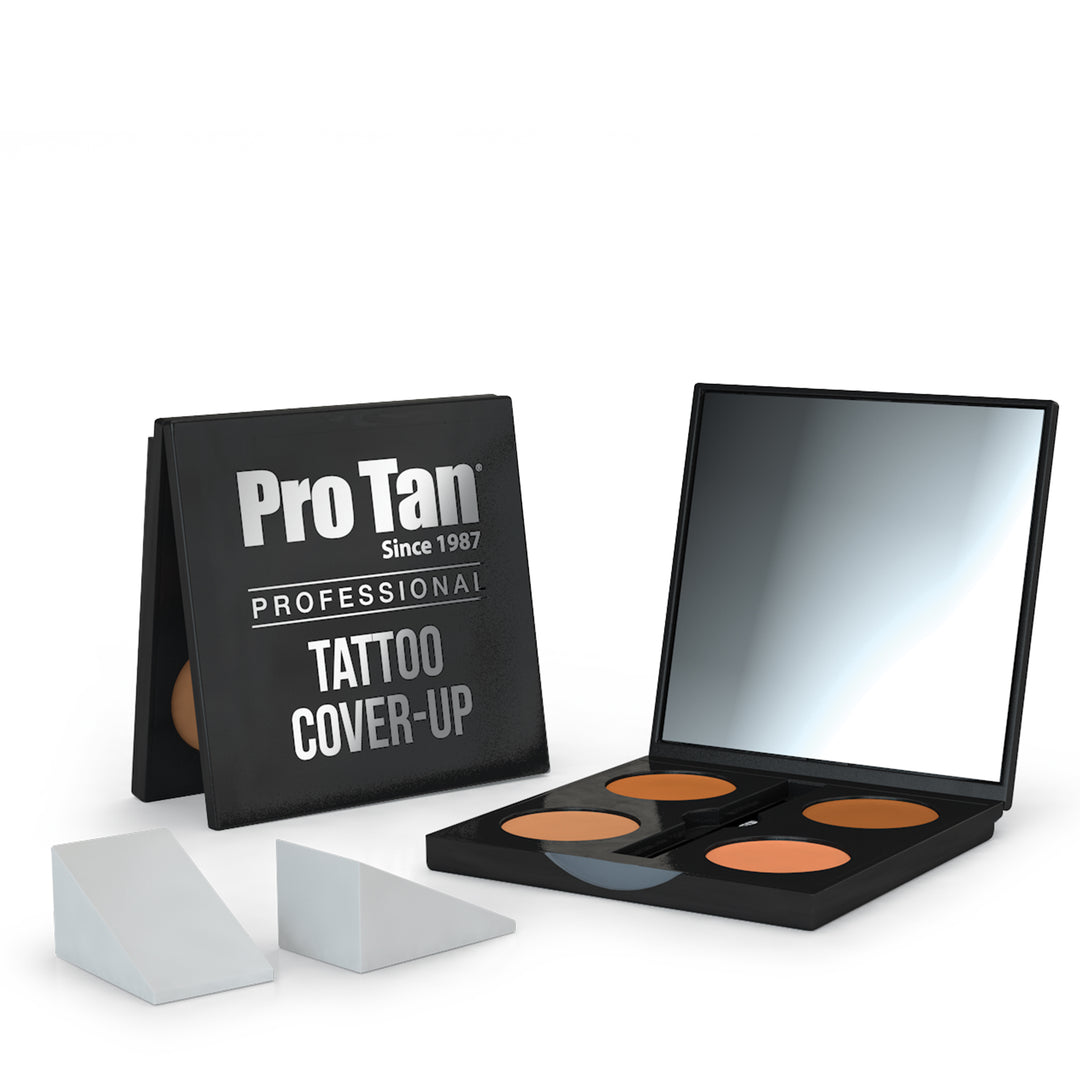 Tattoo Cover-Up palette featuring a close-up of its makeup kit, designed for tattoo camouflage with blendable shades for contest-ready coverage.