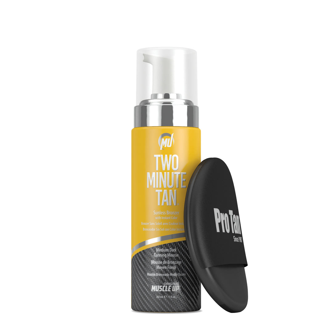 Two Minute Tan® bronzing mousse bottle, streak-free formula with rich moisturizers and Vitamins A&E, includes Pro Tan® Applicator Sponge for even application.