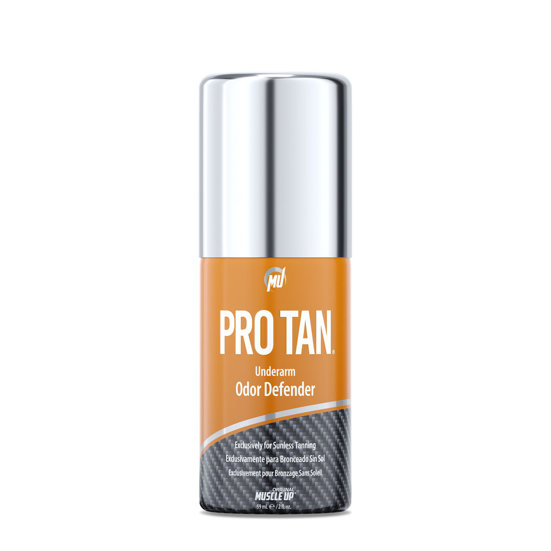 Underarm Odor Defender roll-on deodorant bottle close-up, featuring a logo and label. Designed for sunless tanning with odor neutralizing ingredients.