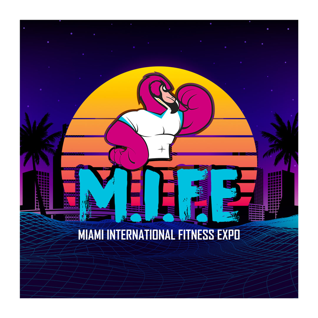 Cartoon flamingo wearing a muscle shirt, representing IFBB/NPC Miami Muscle Beach tanning package with base and top coat applications, set against a vibrant, artistic backdrop.