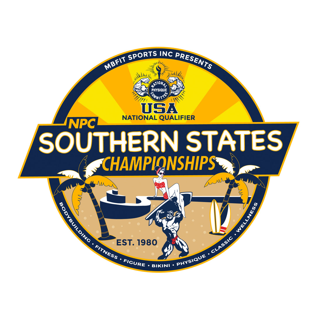 NPC Southern States logo featuring a surfboard and palm trees, promoting Pro Tan's tanning package with base and top coat applications for the event.