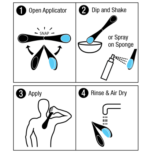 D.I.Y. Back Applicator diagram showing a spoon-like tool in a bowl, illustrating the applicator's easy use for applying tanning lotion to your back.