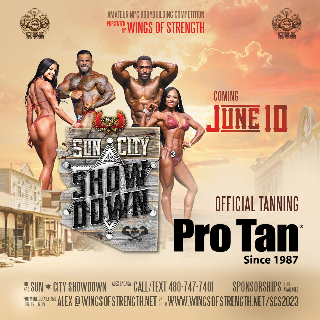 NPC Sun City Showdown advertisement featuring people posing, highlighting tanning packages with base and top coat applications.